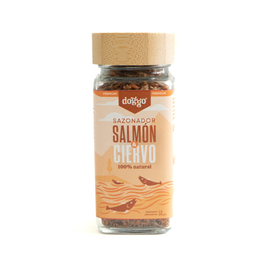 snack para perro Sazonador de Salmón y Ciervo 100% natural. Rico en proteína, sin aditivos y cruelty free, es la opción perfecta para mantener a tu mascota saludable y feliz.