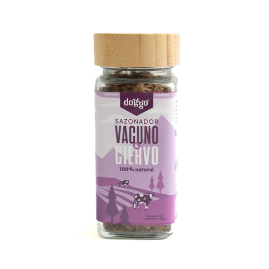 snack para perro Sazonador de Vacuno y Ciervo 100% natural. Rico en proteína, sin aditivos y cruelty free, es la opción perfecta para mantener a tu mascota saludable y feliz.